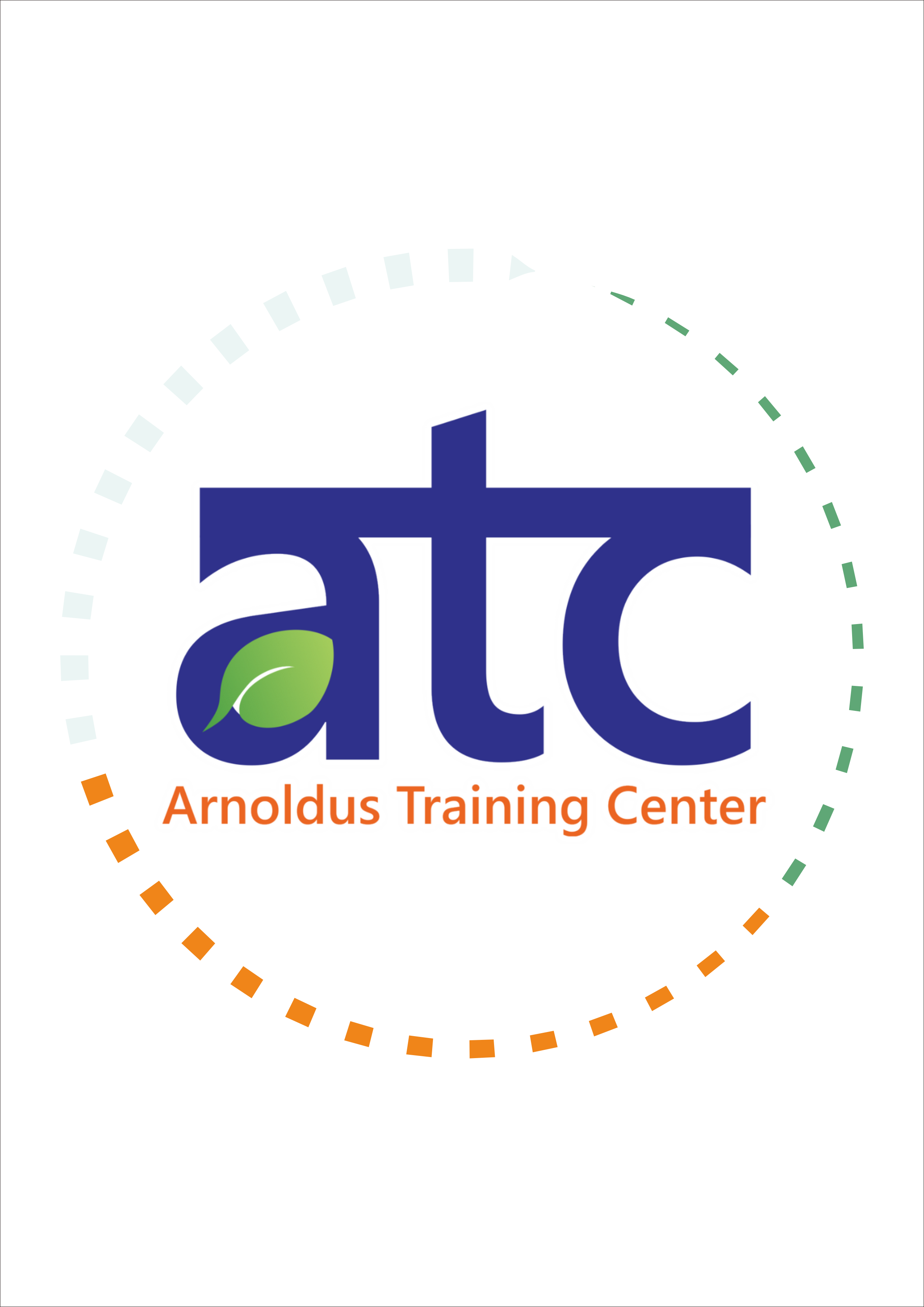 Logo Arnoldus Training Center (ATC) dengan huruf 'atc' berwarna biru, dihiasi elemen daun hijau pada huruf 'a'. Di bawahnya terdapat teks 'Arnoldus Training Center' berwarna oranye dengan outline putih. Logo dikelilingi oleh garis melingkar berbentuk titik-titik berwarna putih, hijau, dan oranye, berlatar belakang hitam